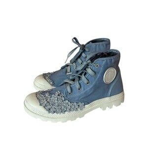 Custom Palladium Pampa Hi Floral Lace Up Toe Cap Boots Womens Blue Canvas Sz 9